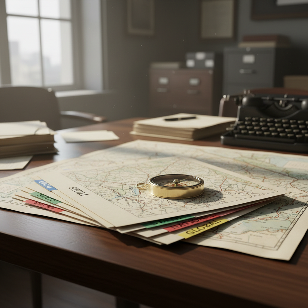 A polished brass compass resting on a folded, detailed map of the Hudson Valley spread across a dark walnut newsroom table. Around it lie neatly stacked briefing folders labeled “Local,” “State,” “National,” and “Global,” each with color-coded tabs and precise typography. Soft, diffused daylight from a nearby window grazes the paper fibers, creating gentle shadows in the map’s contours and subtle highlights on the compass rim. The mood is serious and focused, suggesting careful navigation through complex information. Photographic realism, shot at an eye-level, slightly angled close-up with shallow depth of field, keeping the compass and nearby headlines sharp while the edges of the table and distant filing cabinets blur into a calm, professional background.