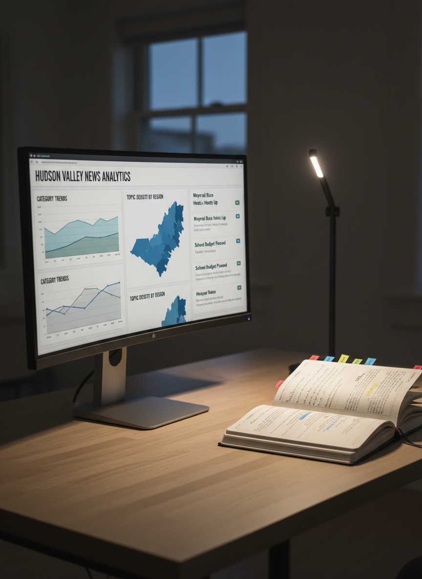 A sleek, ultra-wide computer monitor on a clean oak desk displaying a well-organized data dashboard of news categories for the Hudson Valley—clear line graphs, maps, and legible headlines. Next to the monitor sits a weighty, open hardcover notebook filled with neatly written analytical notes and color-coded page flags. Evening, cool-toned desk lamp lighting casts focused illumination on the desk surface, while the rest of the room falls into a soft, neutral shadow. The composition uses rule of thirds from a slightly elevated perspective, emphasizing the monitor and notebook as tools for deep analysis. The photographic style is clean and modern, conveying thorough, non-sensational reporting in a calm, reliable workspace.
